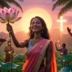 Woman with lotus in Sri Lankan garden, symbolizing Jesus’ joy